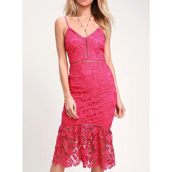 Lulus Taliah Sleeveless Floral Lace Crochet Trim Midi Trumpet Dress Hot Pink S - Picture 1 of 8